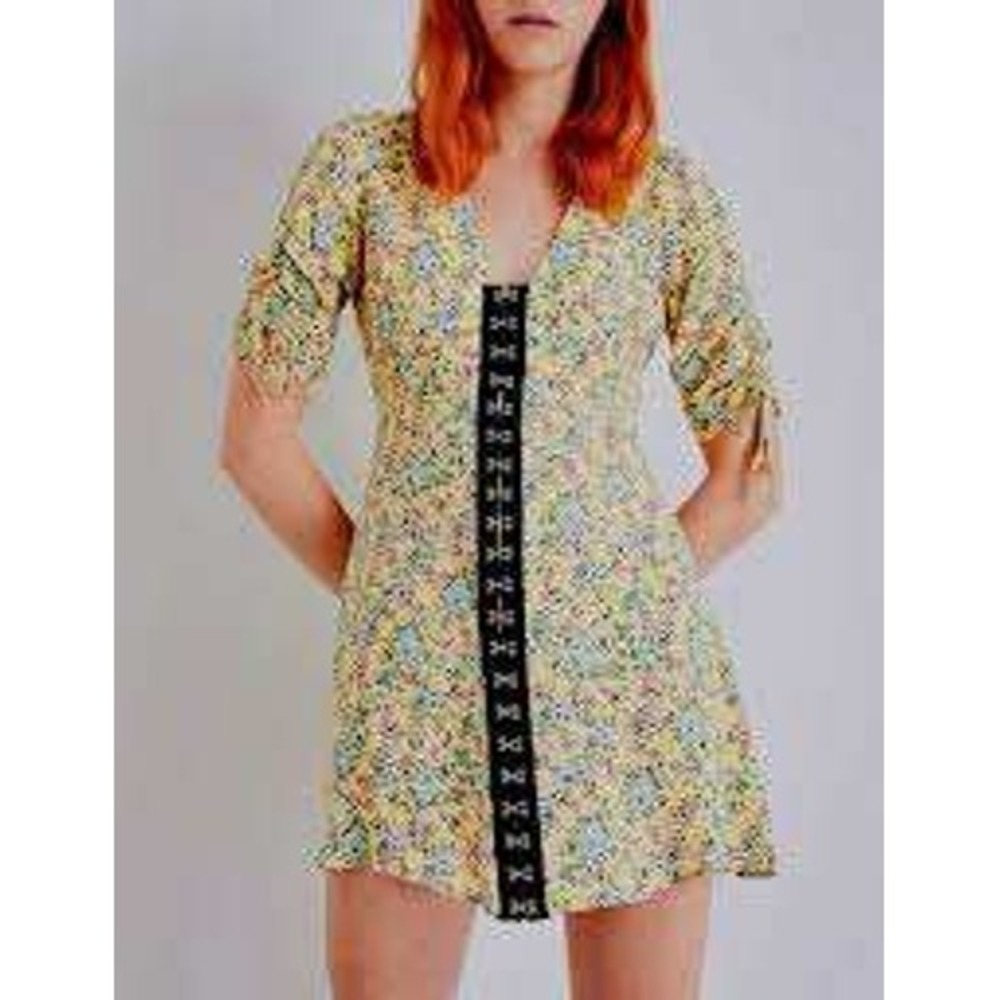 Grung dress corset‎ yellow TOPSHOP  Floral Print Midi Dress with Ruched Sleeves